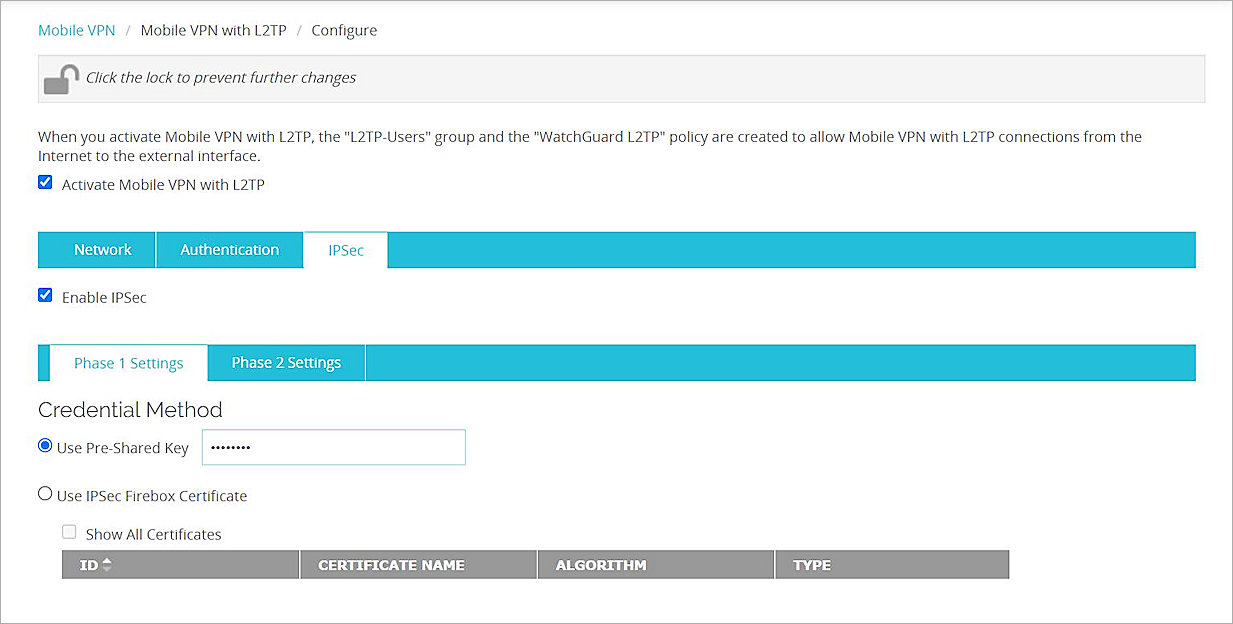 Screen shot of a completed Mobile VPN with L2TP configuration
